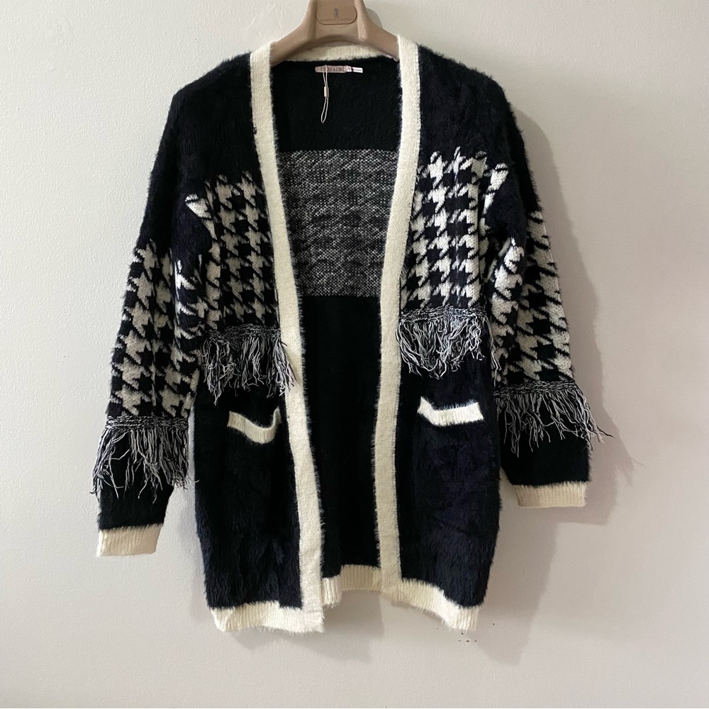 ESQUALO Fuzzy Houndstooth Print Cardigan